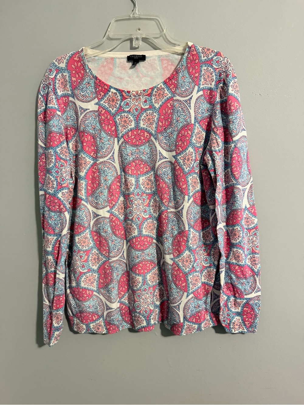 Talbots Pink and Blue Medallion Scoop Neck Long Sleeve Top